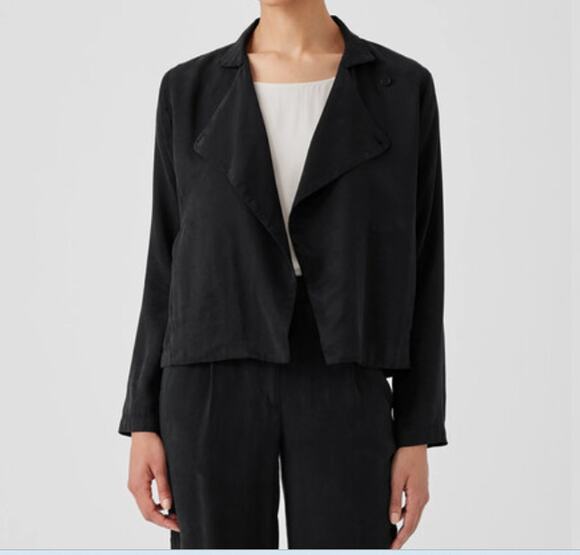 Eileen Fisher Jackets & Blazers - Eileen Fisher Sz M Petite Black Drape Front Linen Tencel Boxy Jacket Minimalist